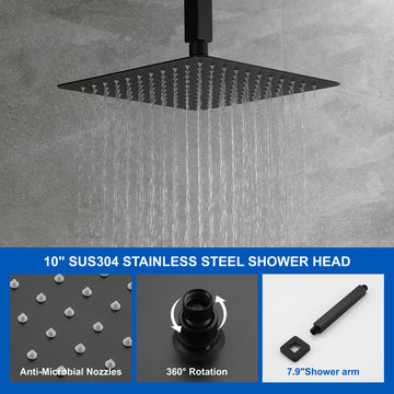 Ceiling Mount 10 Inch Black Shower System Faucet Waterfall Tub Complete with Matte Spout Set Square Luxury Rain Mixer Pressure Balancing 3-Function